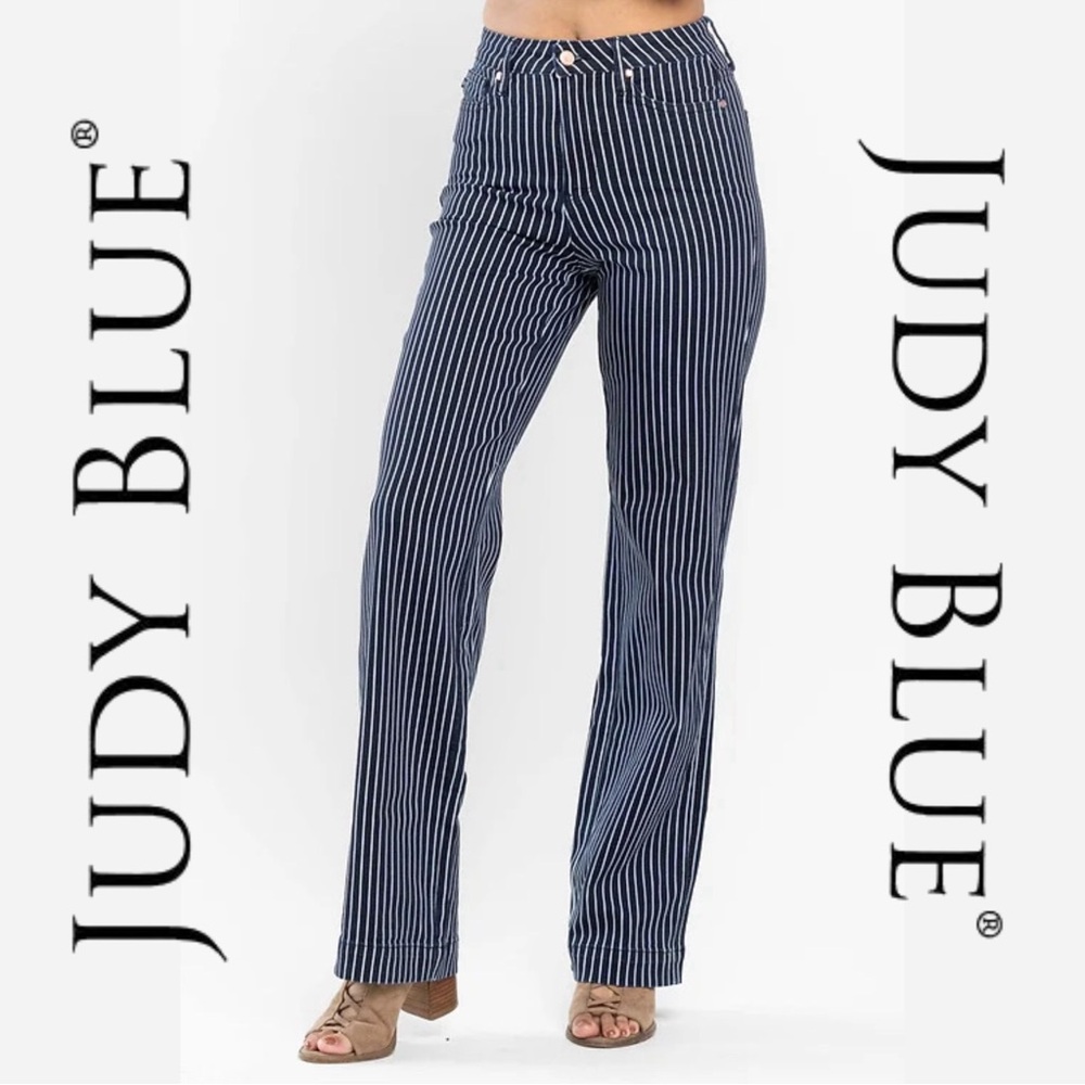 JUDY BLUE | High Waist Tummy Control Straight Leg Jeans - Navy/White Stripe NWT
